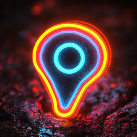 A glowing neon map marker shines in vibrant colors, illuminating a dark surface.の素材