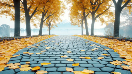 Bright yellow leaves blanket the path, creating a warm atmosphere by the tranquil lake.の素材