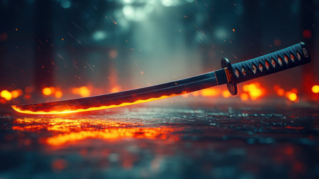 A glowing orange sword lies on the ground, surrounded by darkness.の素材