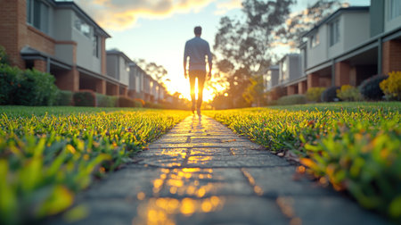 A person strolls down a quaint path as the sun sets behind homes and grass glows warmly.の素材