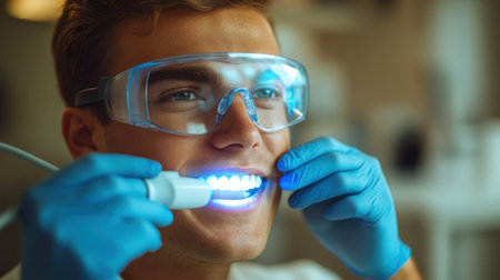 A young man smiles as he receives a teeth whitening session using a blue LED light.の素材