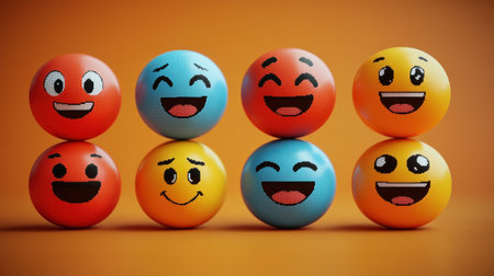Brightly colored smiley balls display various expressions on an orange backdrop.の素材