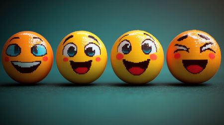 Brightly colored emoji balls showcase different facial expressions that delight viewers.の素材