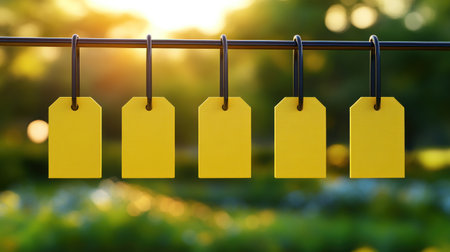 Bright yellow tags dangle from a wire as sunlight filters through trees in a garden.の素材