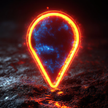 A glowing marker illuminates a dark landscape with vibrant colors and mysterious effects.の素材