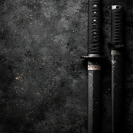 Elegant display of traditional weapons on a dark textured background.の素材