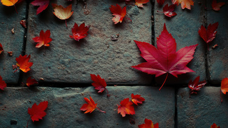 Bright red maple leaves rest on an old stone surface, showing autumn's beauty.の素材