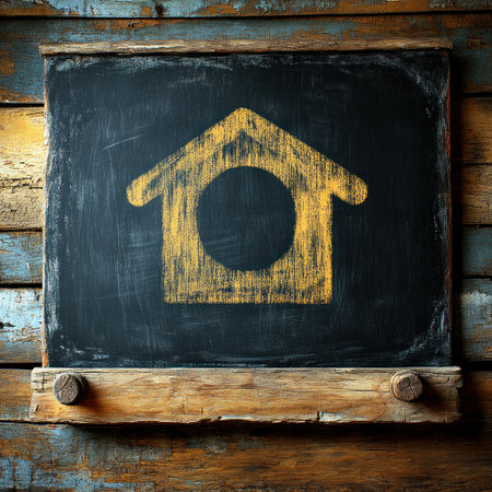 A unique chalkboard with a yellow house drawing, set against rustic wooden panels.の素材