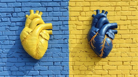 A stunning heart mural painted in blue and yellow is displayed on a brick wall.の素材