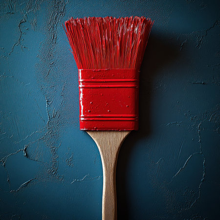 Bright red brush positioned on a deep blue surface, showing artistic tools in use.の素材