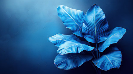 Tropical leaves with bright blue hues stand out against a matching dark background.の素材