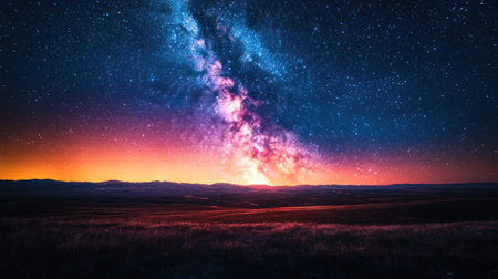 A colorful galaxy stretches across the night sky over a serene field at dusk.の素材