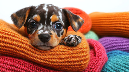 A small puppy relaxes atop soft, vibrant sweaters, looking comfortably at the viewer.の素材