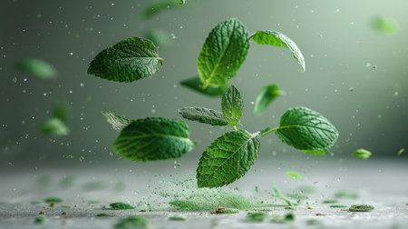 Mint leaves hover gracefully, releasing tiny particles in a vibrant green space.の素材