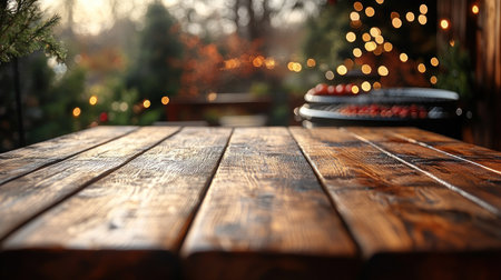 Rustic wooden table invites guests to enjoy the warm glow of evening lights outdoors.の素材