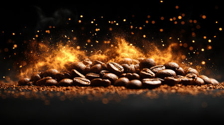 Dark roasted coffee beans glow with warmth and promise, ready to awaken your senses.の素材