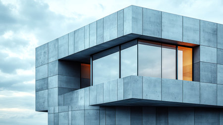 Unique concrete design with sharp lines and large windows reflecting twilight hues.の素材