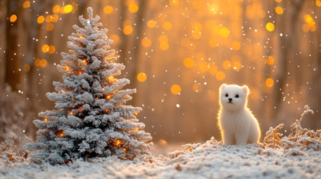 A fluffy white puppy stands by a decorated tree in a snowy forest at sunset.の素材