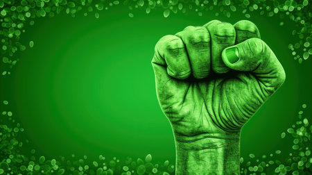 A strong green fist inspires change against a vibrant background.の素材