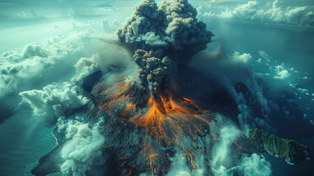 A volcanic eruption releases lava and dense smoke clouds over the sea.の素材