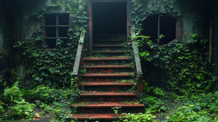 A set of weathered stairs covered in greenery invites explorers into a forgotten space.の素材
