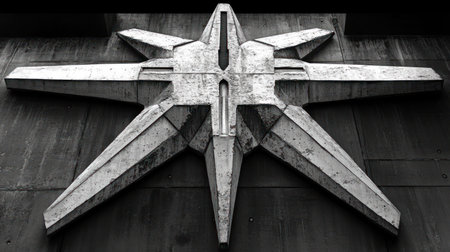 A concrete star shape decorates an urban wall, highlighting creative architecture.の素材