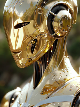 Golden robot head features sleek design and tech in a natural setting.の素材