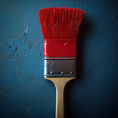 A beautiful red paintbrush lies on a dark blue wall, ready for creative projects ahead.の素材