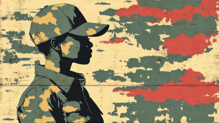 A soldier stands tall, captured in silhouette against a bold and colorful backdrop.の素材