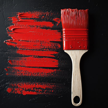A paintbrush coated in bright red paint creates dynamic strokes across a dark surface.の素材