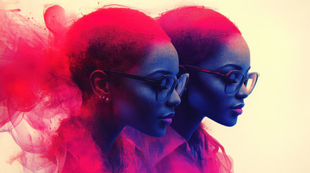 Vivid colors blend around the profiles of a woman wearing glasses with expressive details.の素材