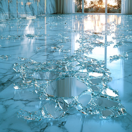 Shattered glass pieces spread across a shimmering floor reflect the warm light of sunset.の素材