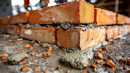 Bricks are carefully placed with mortar in a bustling construction area during daylight.の素材