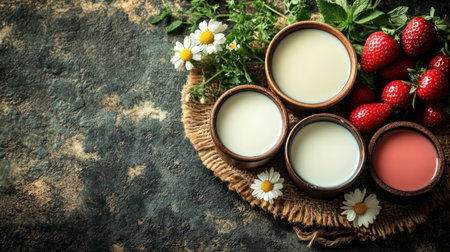 Fresh strawberries beside three bowls of creamy dairy on a rustic woven matの素材