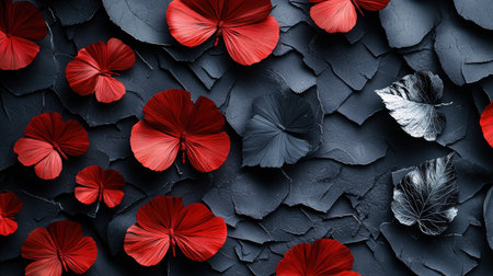 Red flowers and dark leaves display nature's beauty on a textured surface.の素材