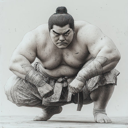 Muscular sumo wrestler squats low, showcasing strength and focus before a match.の素材