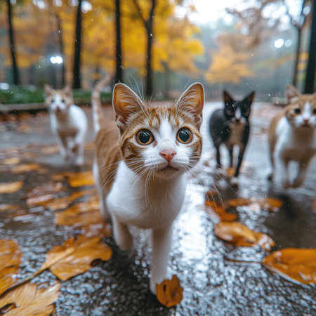 Four curious cats wander through a wet park surrounded by vibrant fall foliage.の素材