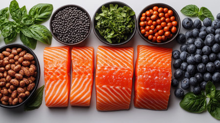 Vibrant mix of fresh salmon, blueberries, herbs, and nuts, ready to enjoy!の素材