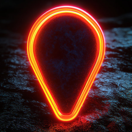 A glowing neon location marker illuminates a dark textured surface at night.の素材