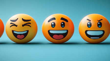Four distinct emoji balls display different expressions of joy, humor, and excitement.の素材