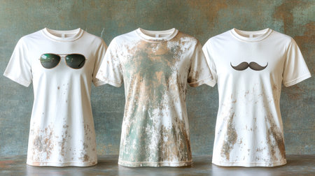 Three t shirts displayed in a creative arrangement, showing unique, worn styles.の素材