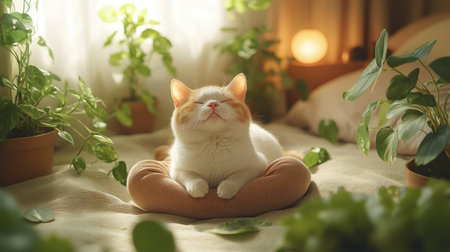 A fluffy cat enjoys a serene moment on a soft cushion surrounded by vibrant plants.の素材