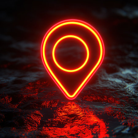 A vibrant neon pin illuminates a dark, reflective water surface under night skies.の素材