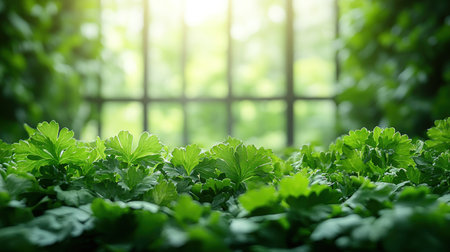Lush parsley thrives in sunlight, adding vibrant green to a serene garden.の素材