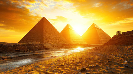 Golden light bathes the pyramids of Giza at sunset, showcasing a timeless landscape.の素材