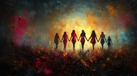 Women holding hands in silhouette at sunset, symbolizing unity and strength.の素材