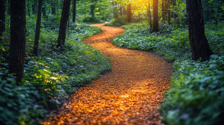 A serene path curves through a vibrant forest, illuminated by warm golden sunlight.の素材