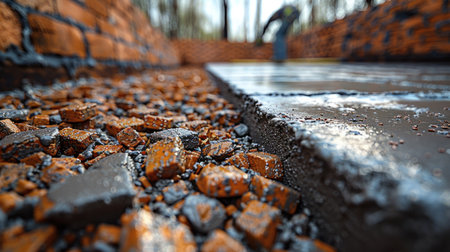 Workers are laying concrete on a brick foundation at a construction site.の素材