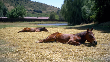 Two brown horses lie comfortably on straw near a calm pond surrounded by trees.の素材