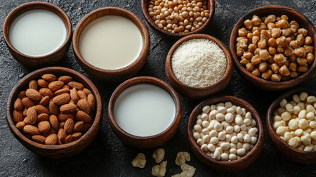 Variety of nuts and plant based milk displayed in wooden bowls on a textured backgroundの素材